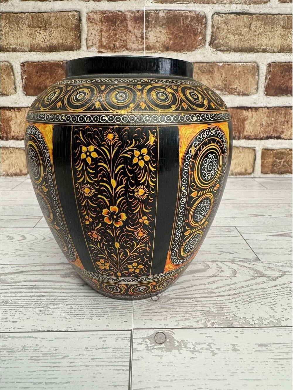 Vintage Wooden Vase Hand Carved Painted Decor India Planter Pot